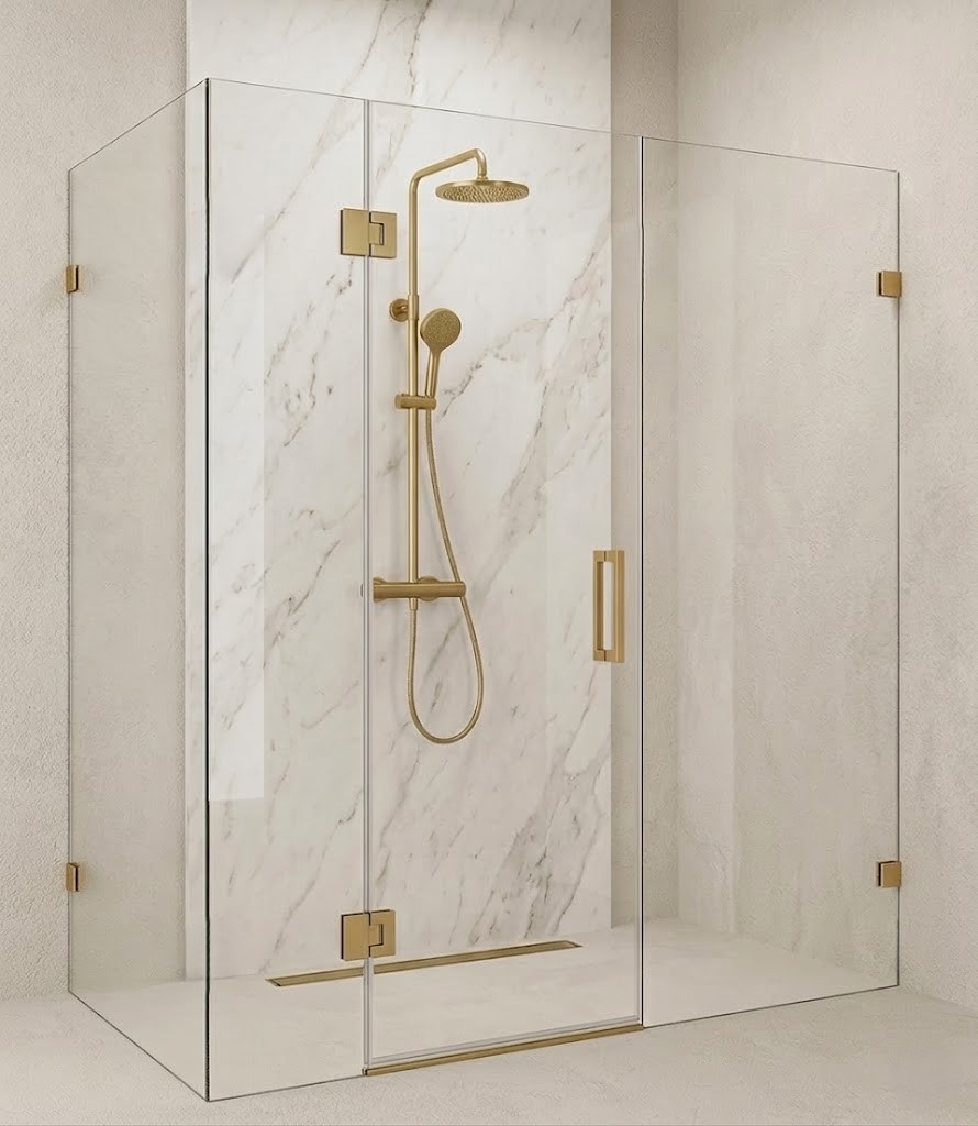 Frameless corner shower (3 panels) with black hardware