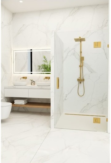 Frameless wall-to-wall shower with black hardware