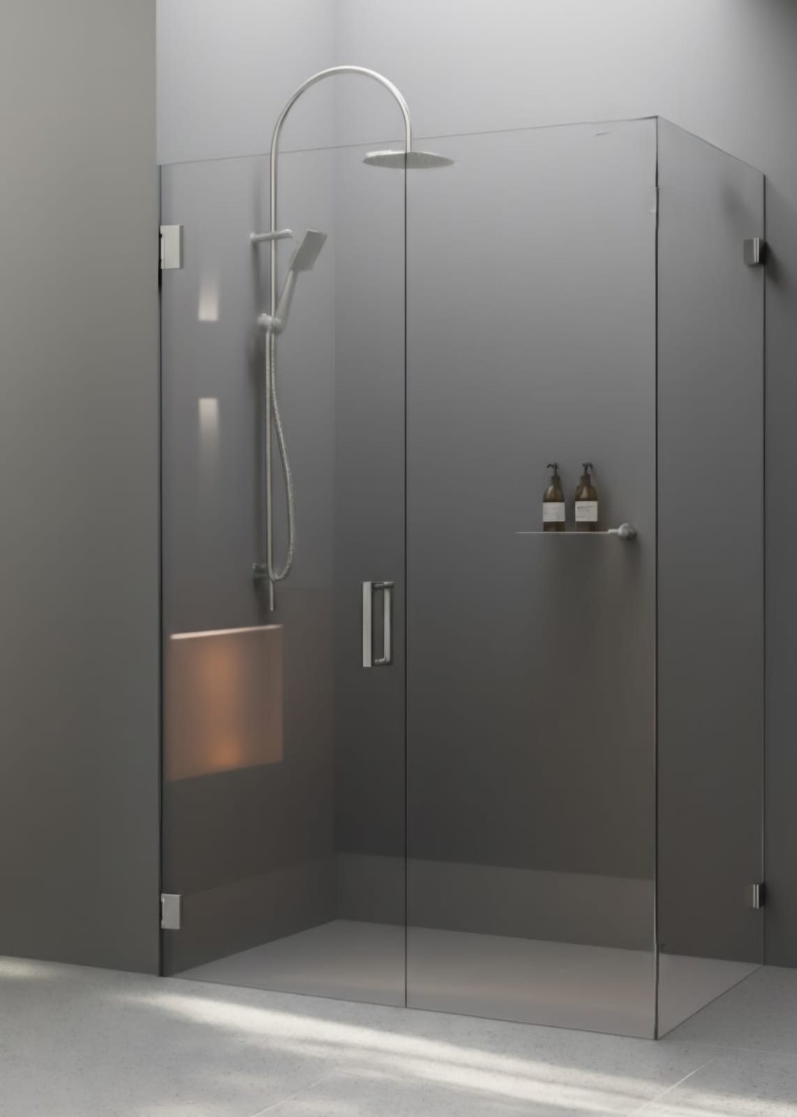 Frameless corner shower (3 panels) with black hardware