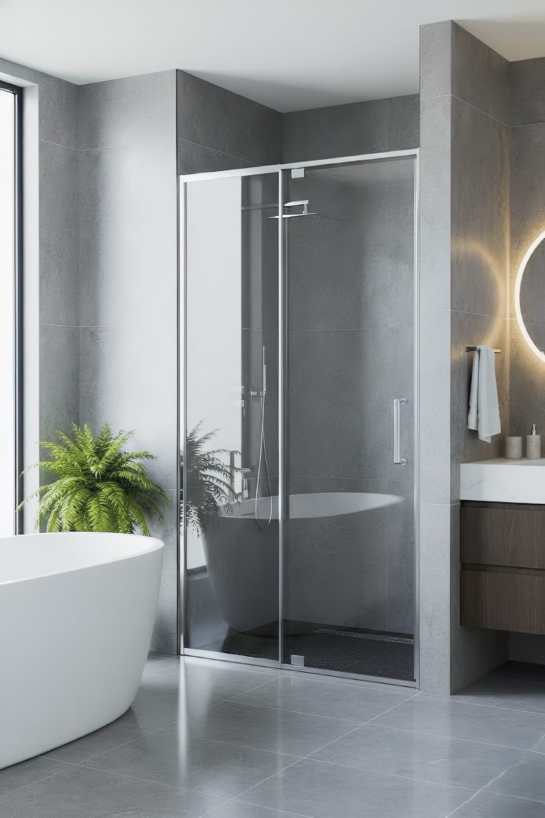 Semi-frameless wall-to-wall shower door in Matt Black hardware